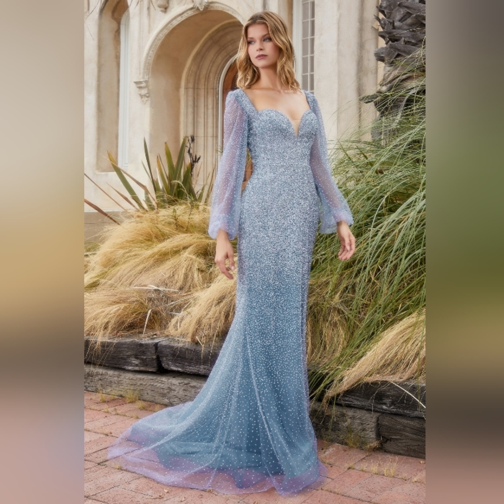 Long sleeve ombre smokey blue fitted long gown diamond embellished
